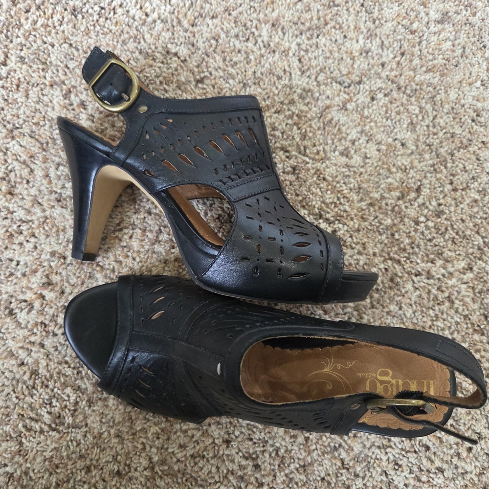Indigo Black Cutout Leather High Heel Sandals
